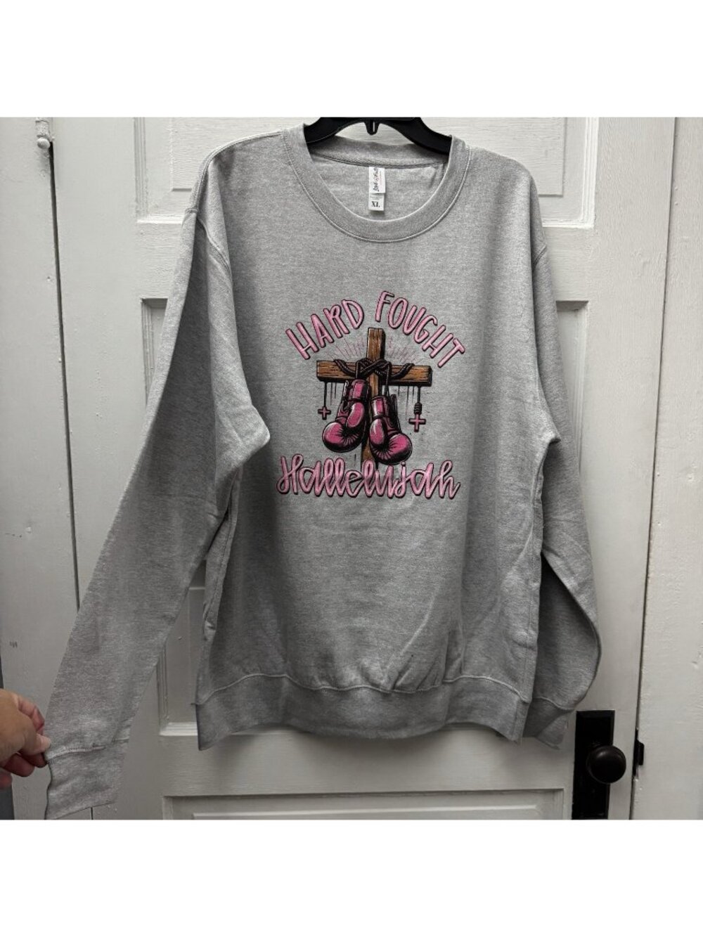 Love Faith Life Hard Fought Hallelujah Graphic Sweatshirt XL Gray Oversized